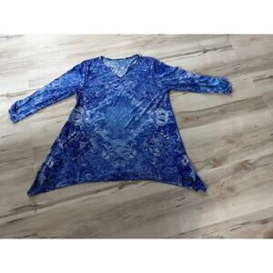 Women’s Abstract tunic Sz M/L long sleeve asymmetrical sharkbite hem boho artsy‎